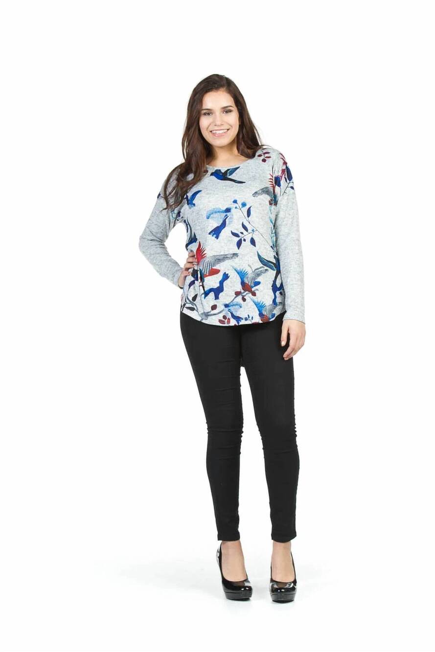 NEW PAPILLON bold bird and floral sweater with zip detail in grey